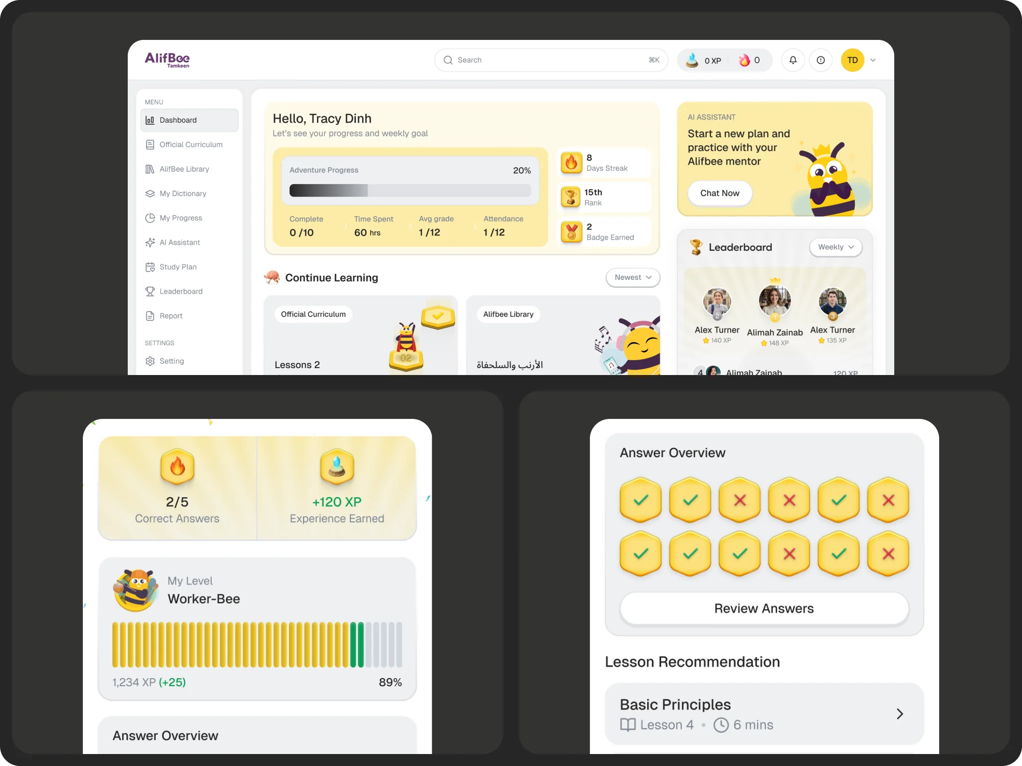 Alifbee — student dashboard overview